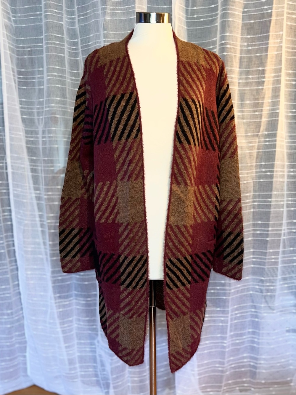 Nine West Sz XXL Plaid Patchwork Long Non-Button Cardigan Tan Black Reddish-Pink